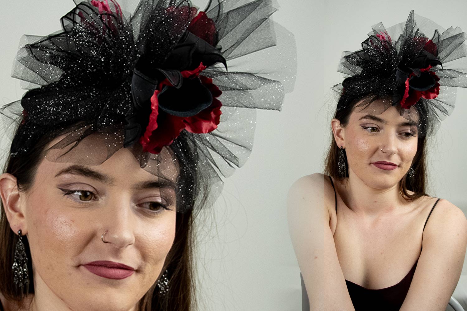 les chapeaux de nina serie noire 05 Les chapeaux de nina- creation de chapeaux sur-mesure - serre tete tulle et pétales rouges et noir